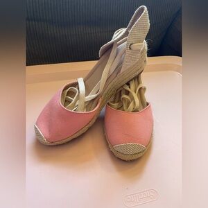 Women's Pink Espadrille Wedge Sandals with Ankle Tie Size 8